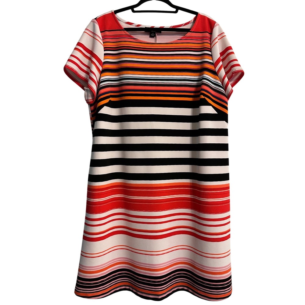 Perceptions Woman Striped Short Sleeve Shift  Dress Red Orange Black 18W